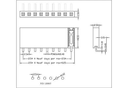2.54 mm Female Header Single Row  Angle Type H8.5   FHER03-XXSXXX